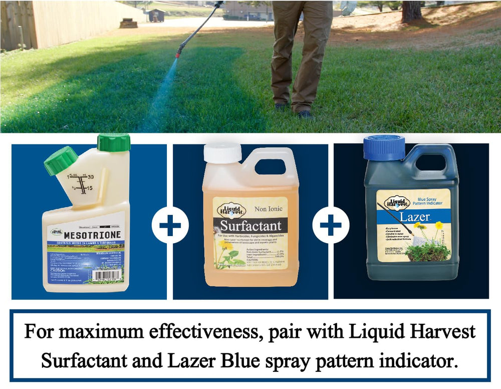 Liquid Harvest Mesotrione dosage-guide for mowing-season lawns.