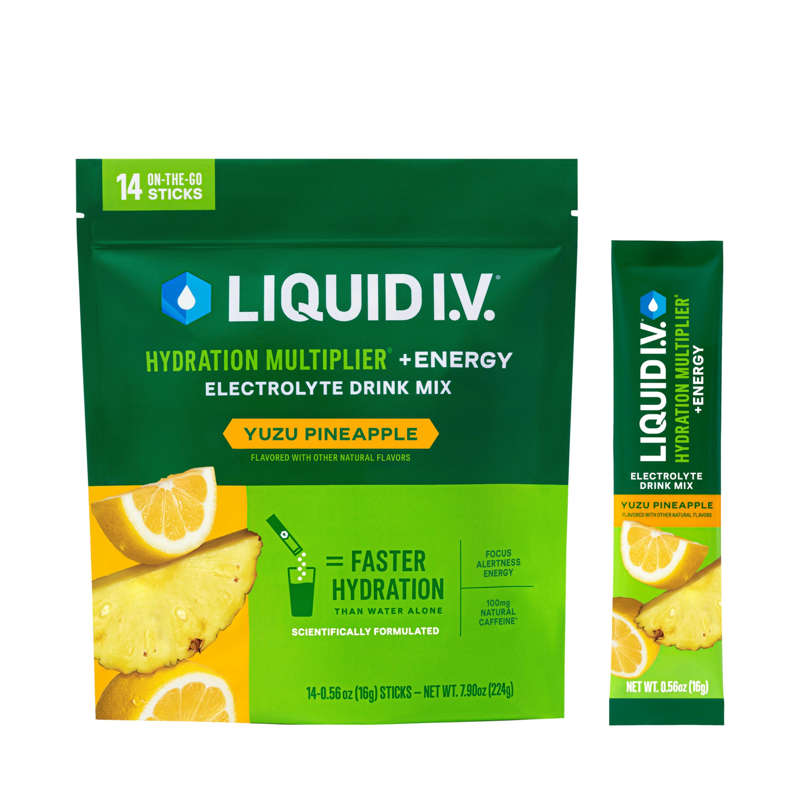 Liquid I.V. Hydration Multiplier Energy yuzu-pineapple packet close-up for on-the-go hydration