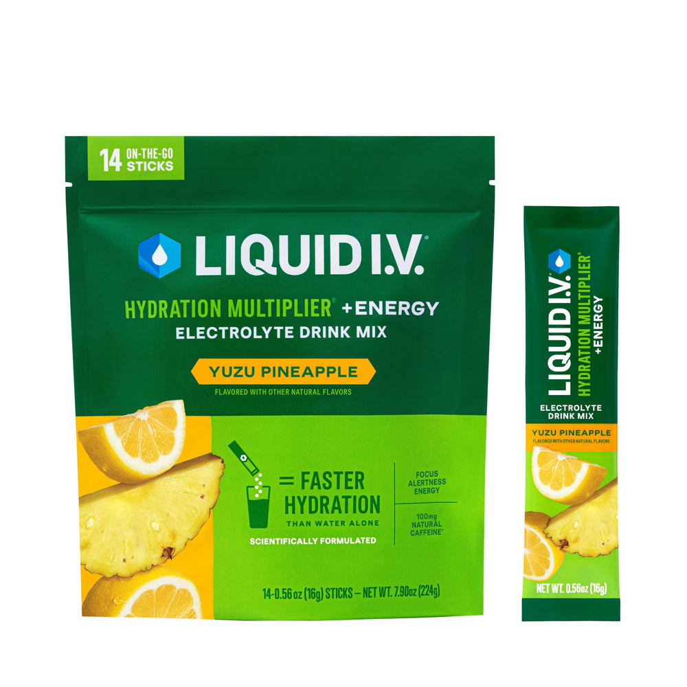 Liquid I.V. Hydration Multiplier Energy yuzu-pineapple packet close-up for on-the-go hydration