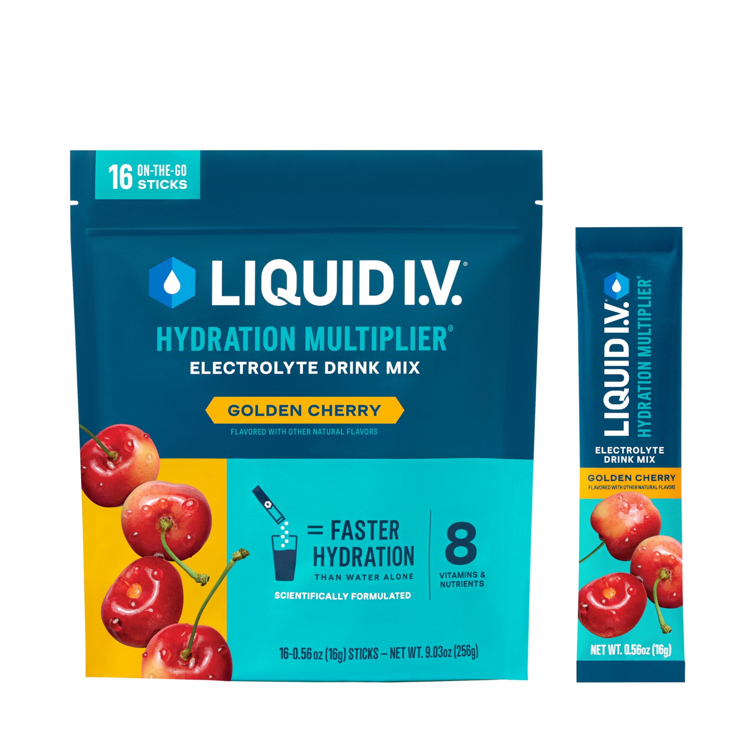 Liquid I.V. Hydration Multiplier Golden Cherry being poured into water for quick hydration.