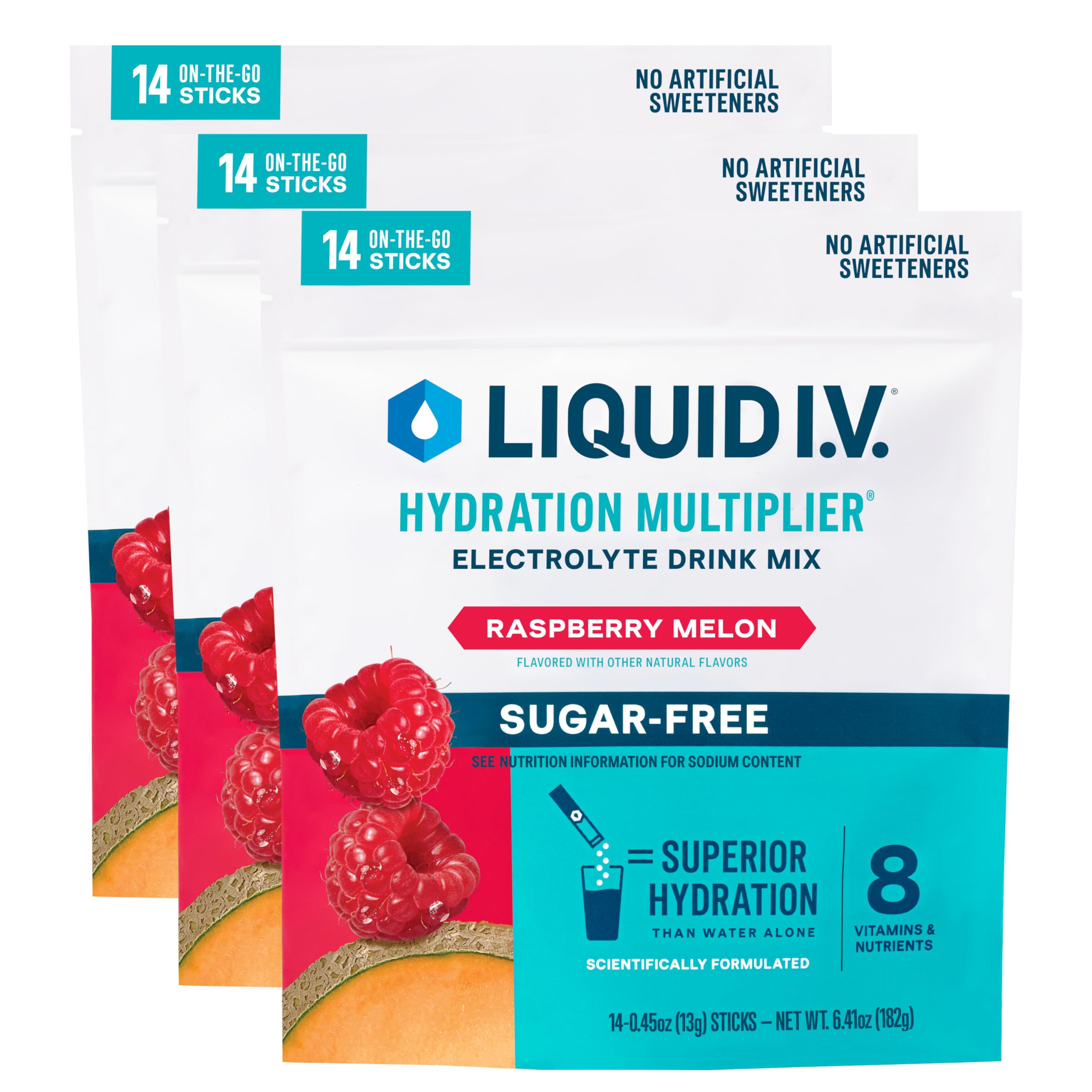 Liquid I.V. Hydration Multiplier Raspberry Melon packet for on-the-go hydration.