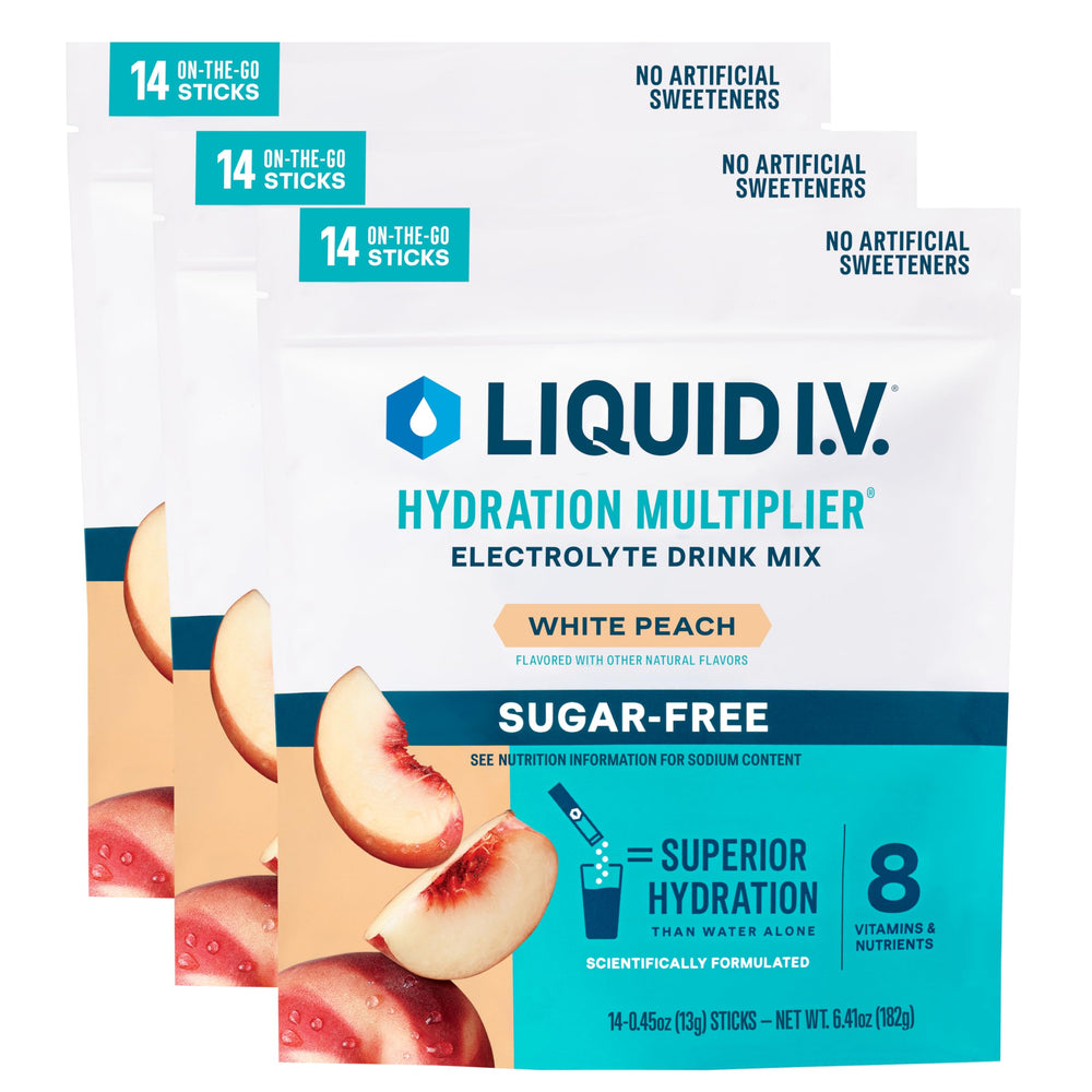 Liquid I.V. Hydration Multiplier Sugar Free White Peach packets for convenient on-the-go hydration.