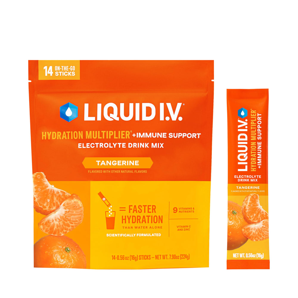 Liquid I.V. Hydration Multiplier Tangerine packet ready to mix for on-the-go hydration.