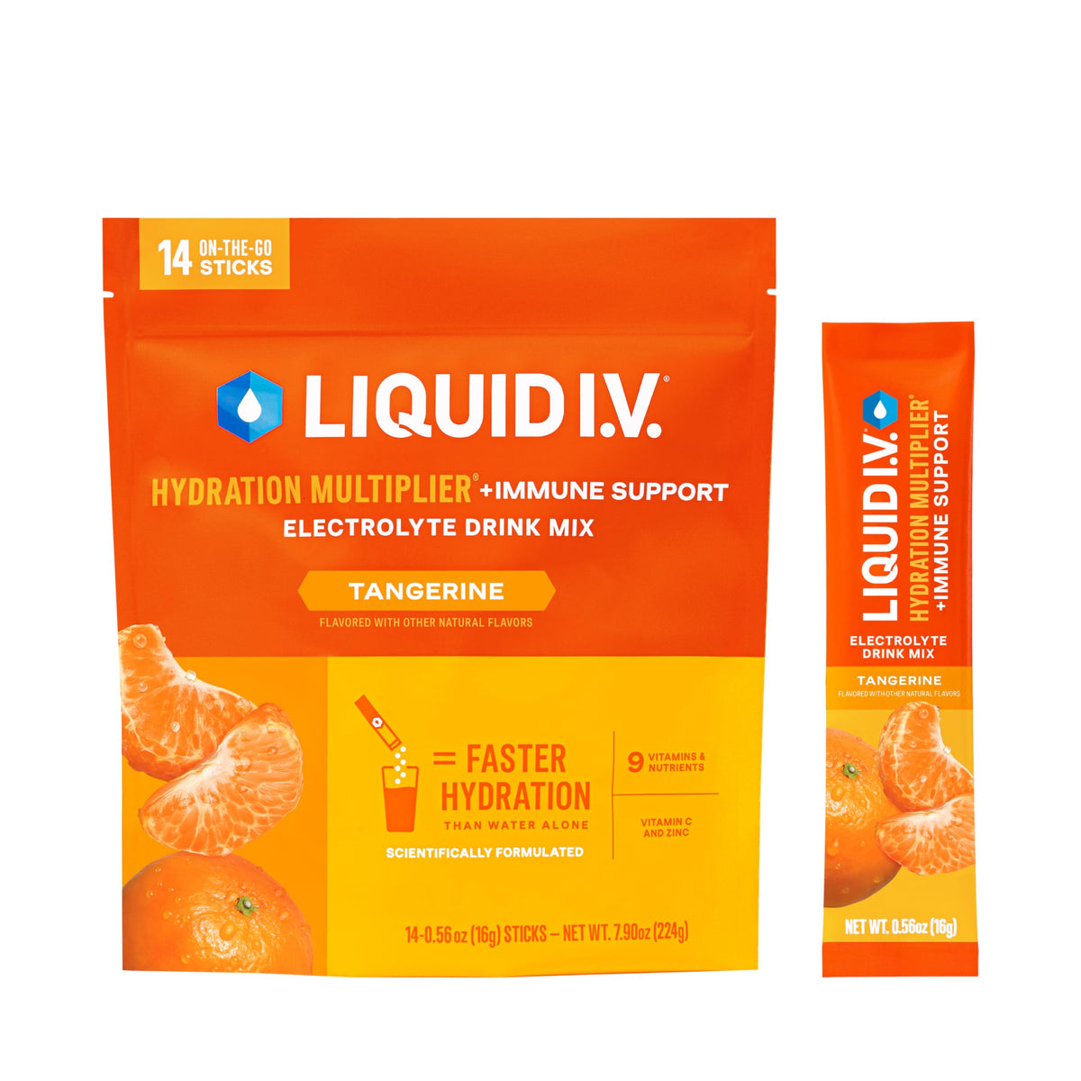 Liquid I.V. Hydration Multiplier Tangerine packet ready to mix for on-the-go hydration.