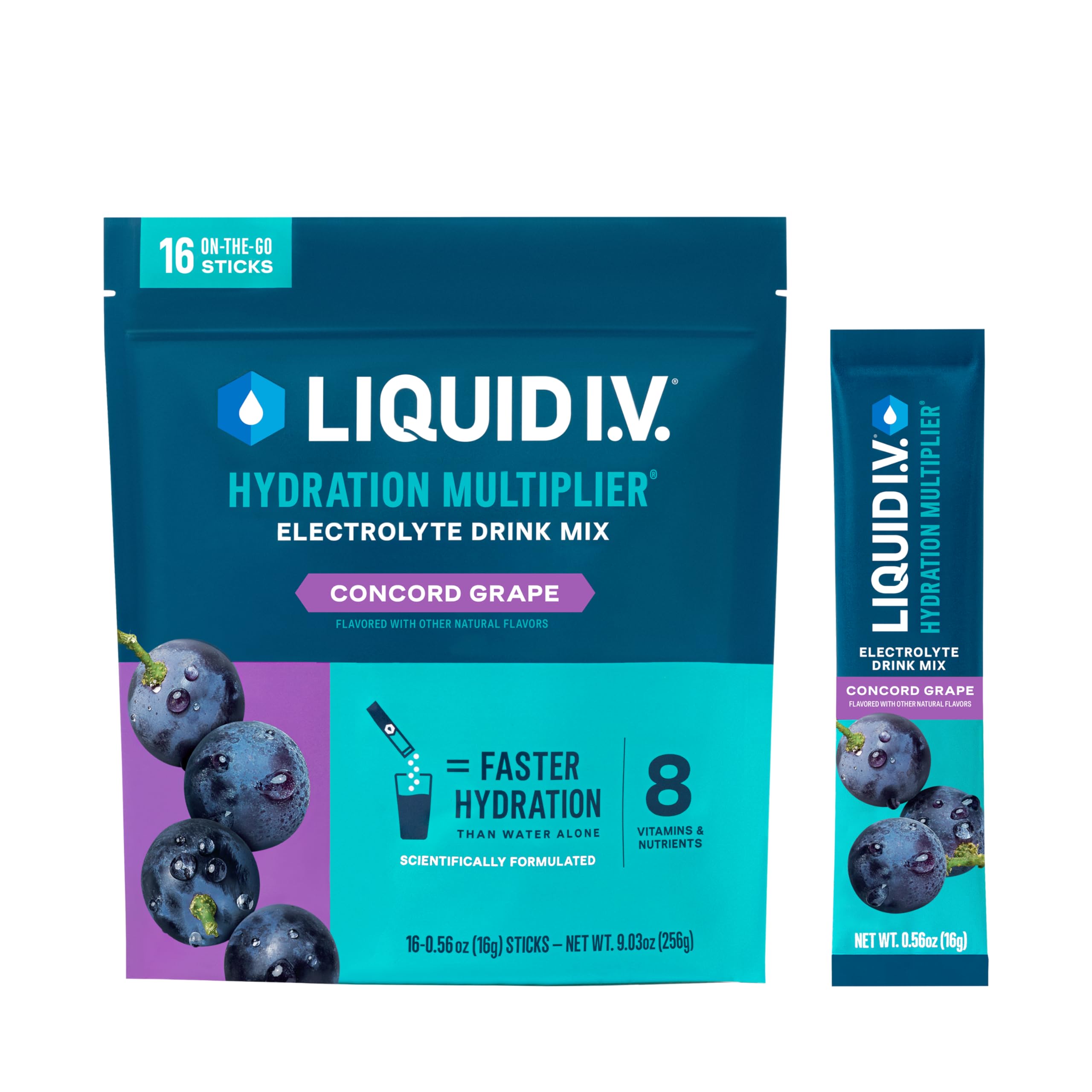 Liquid I.V. Concord Grape hydration powder in a pack ready to mix for fast hydration
