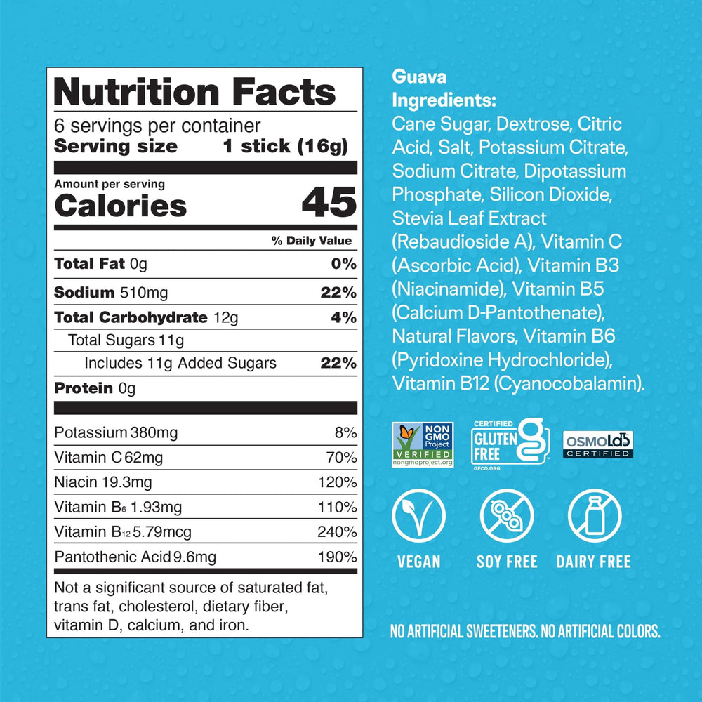 Liquid I.V. Guava product label close-up highlighting flavor benefits