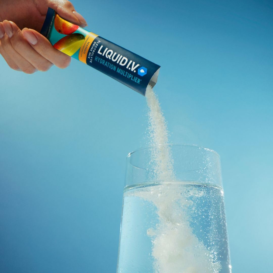 Liquid I.V. Mango packet open showing powder for on the go hydration