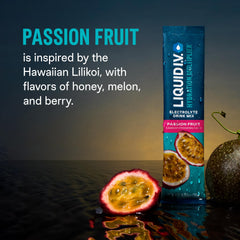 Liquid I.V. Passion Fruit packet close-up highlights travel-friendly hydration.