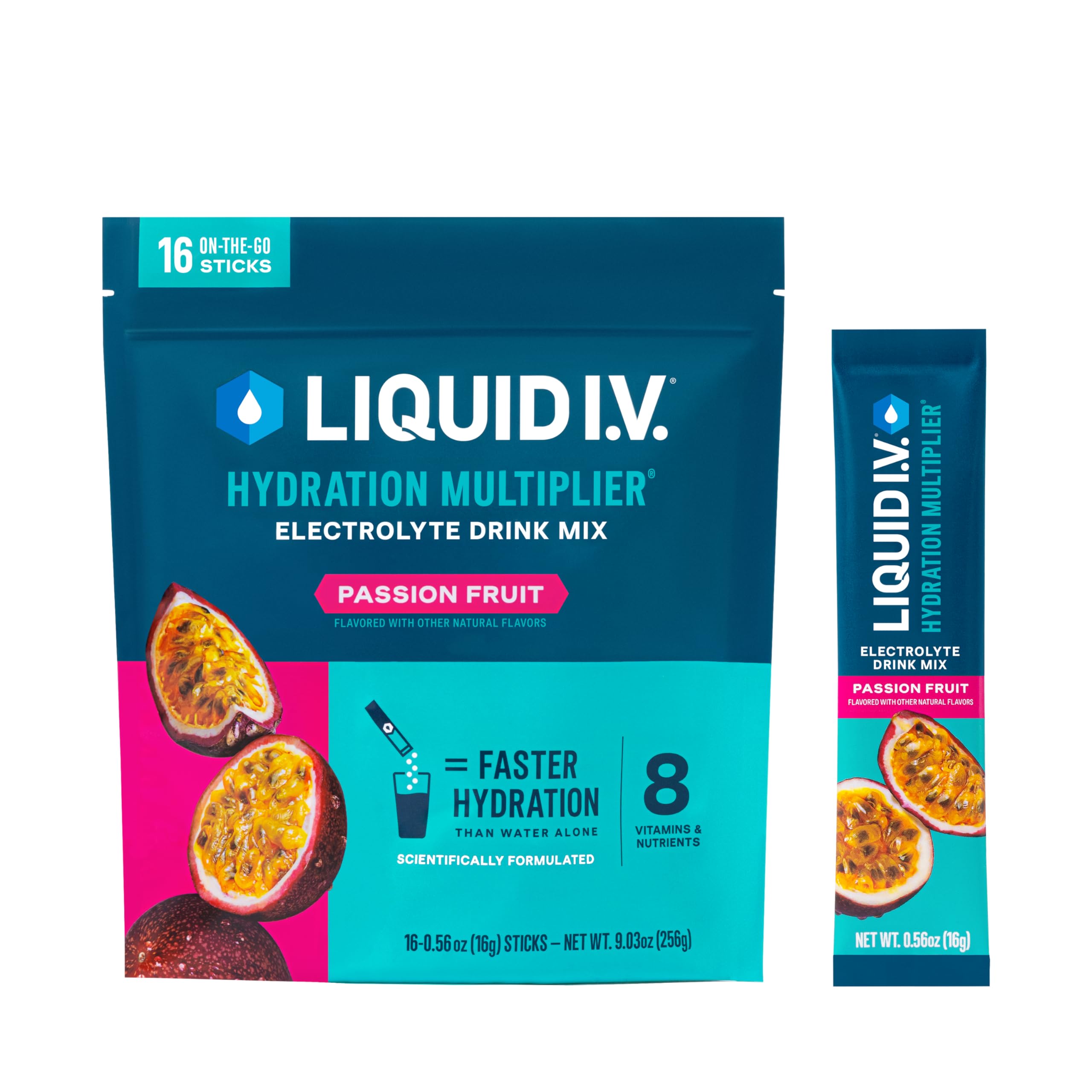 Liquid I.V. Hydration Multiplier Passion Fruit packet dissolves in water for rapid hydration.