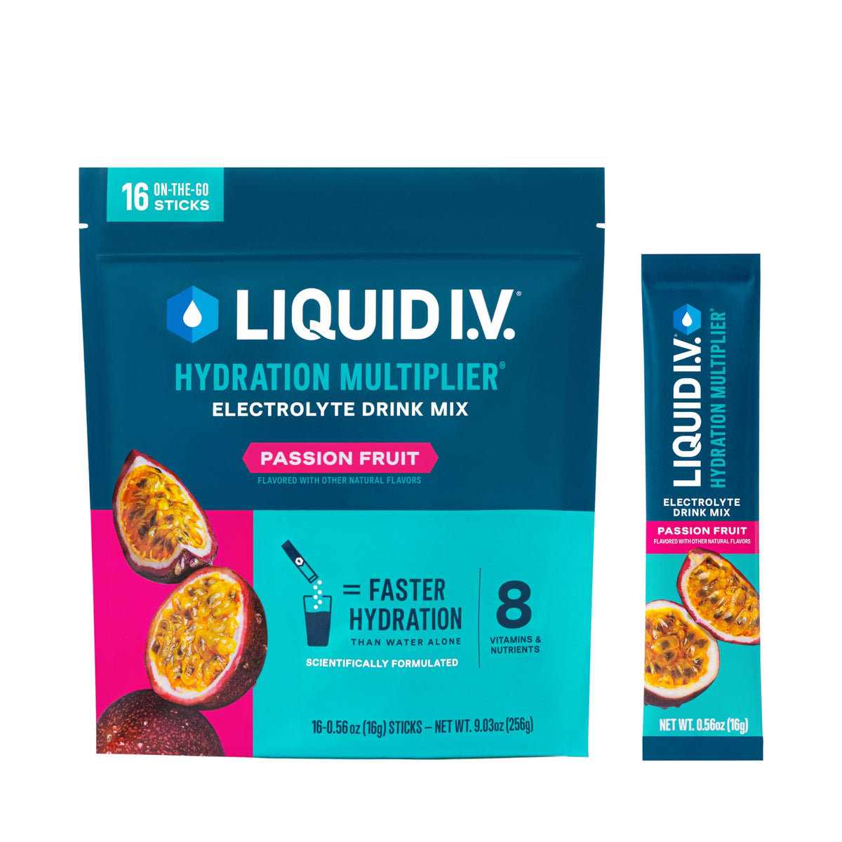 Liquid I.V. Hydration Multiplier Passion Fruit packet dissolves in water for rapid hydration.
