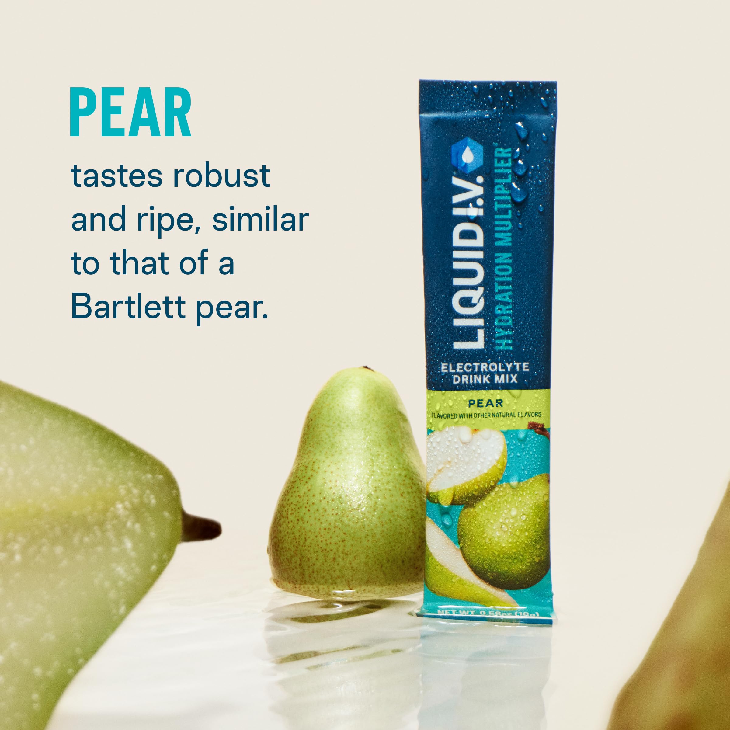 Close-up of pear-flavored electrolyte powder being poured into water.