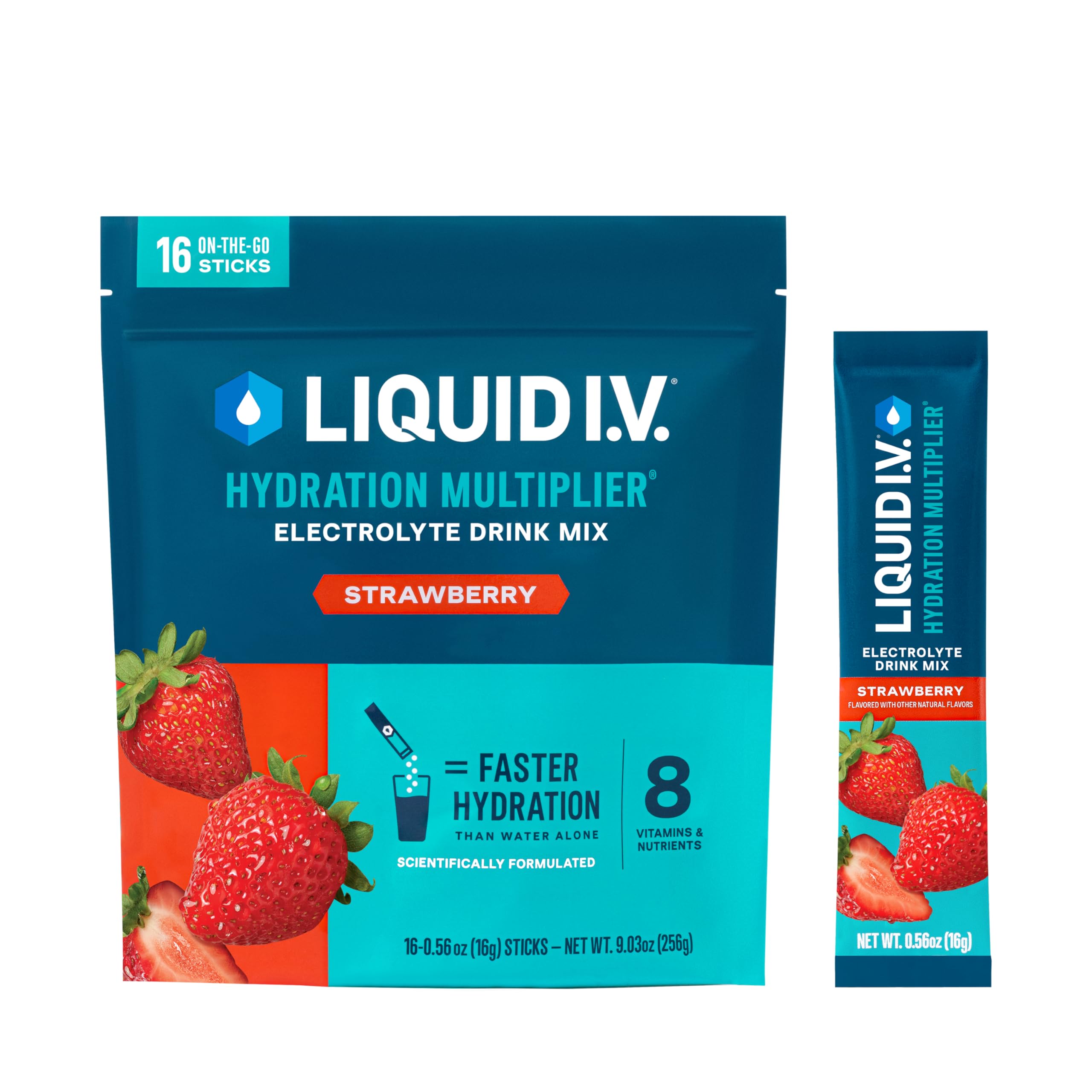 Liquid I.V. Hydration Multiplier Strawberry packet dissolving in water for quick refreshment.