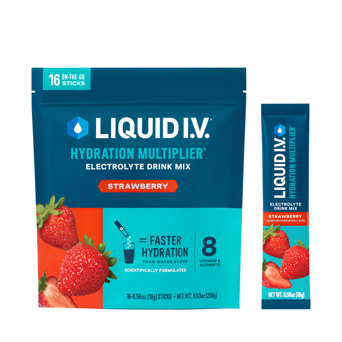 Liquid I.V. Hydration Multiplier Strawberry packet dissolving in water for quick refreshment.