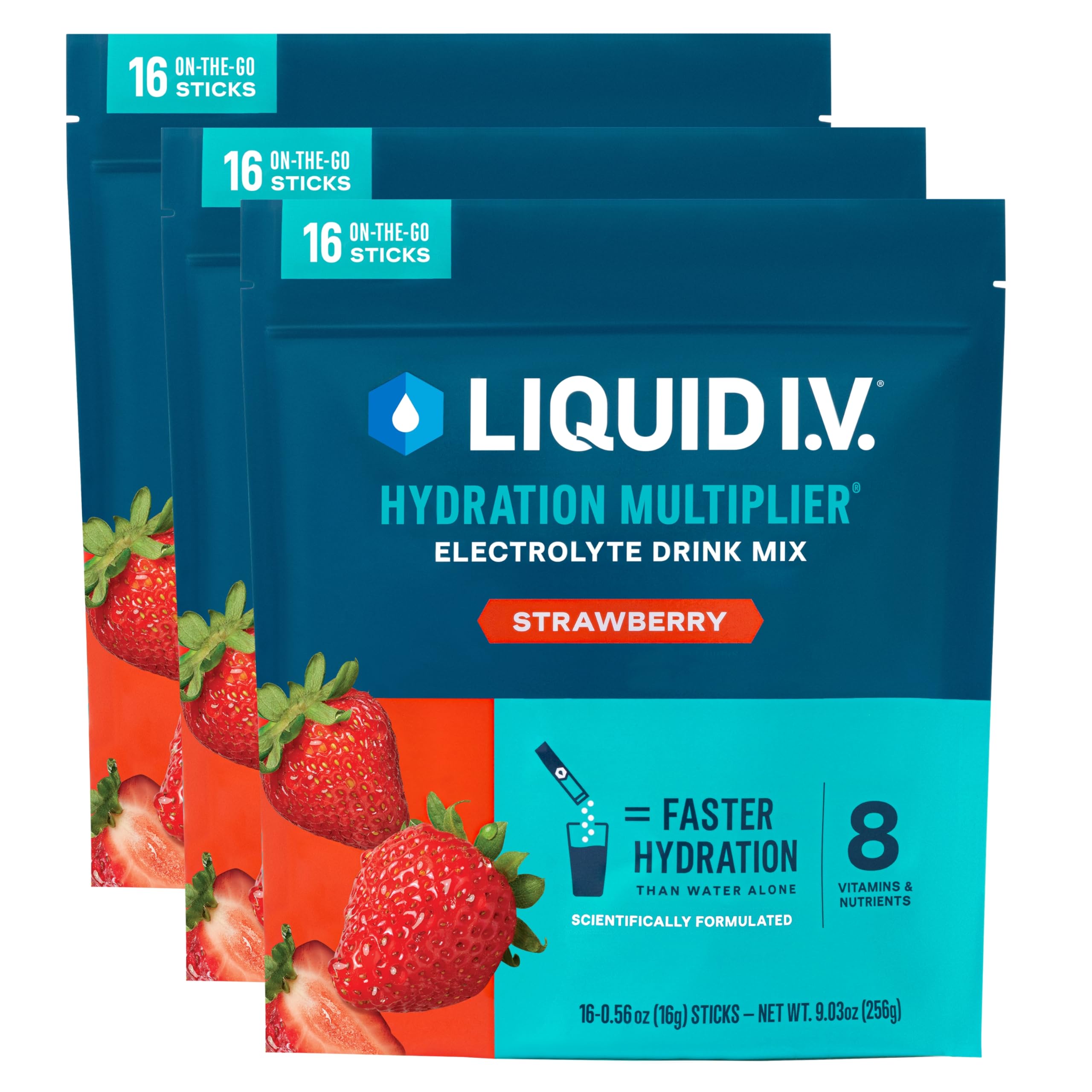 Liquid I.V. Hydration Multiplier Strawberry packets in a 3-pack for on-the-go hydration.