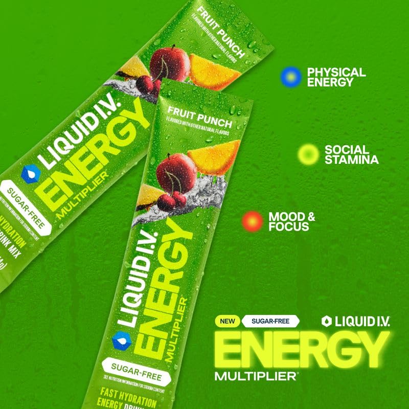 Liquid I.V. Hydration Multiplier Sugar-Free Energy Fruit Punch packet dissolving in water for hydration