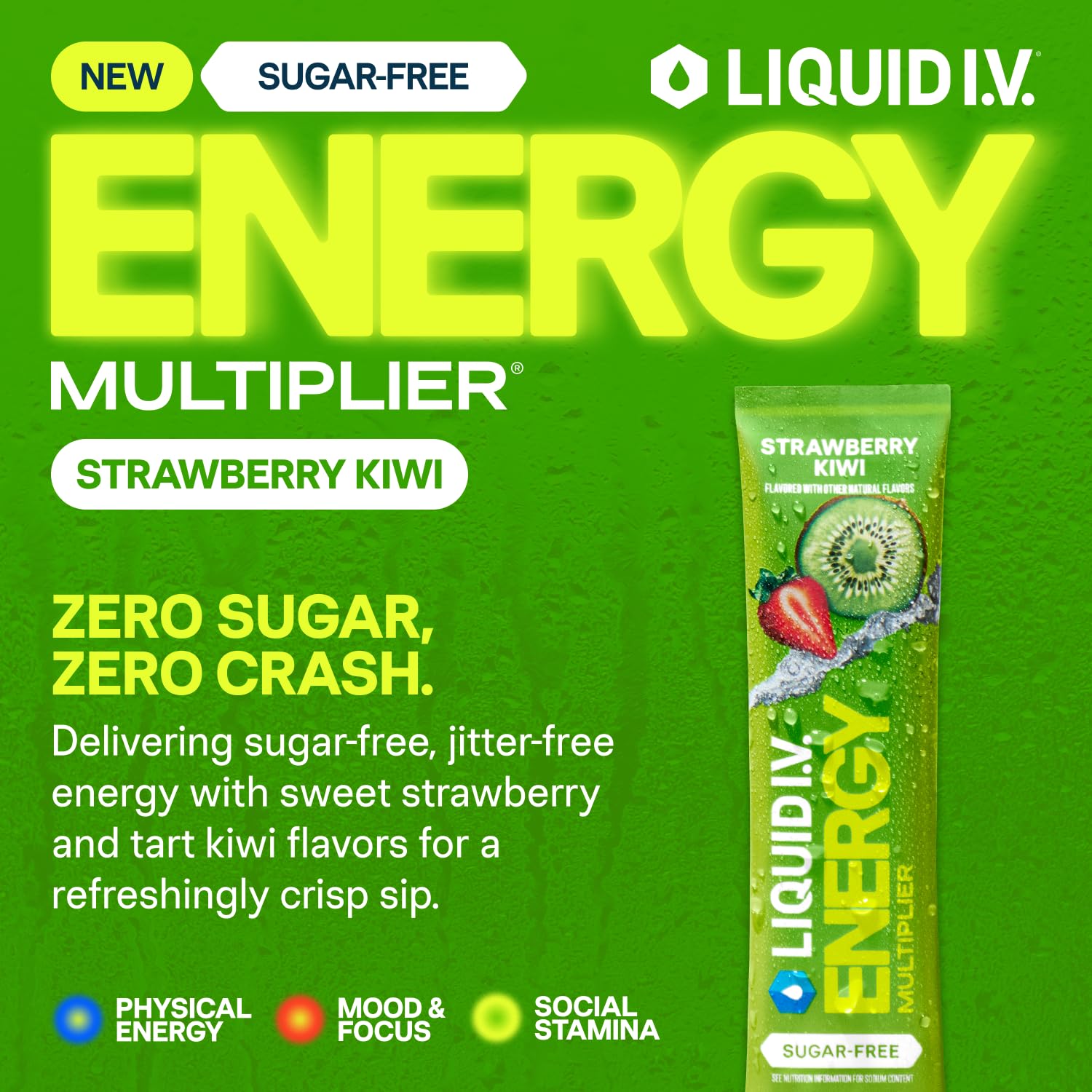 Liquid I.V. Hydration Multiplier Sugar Free Energy drink in a glass for on-the-go thirst.
