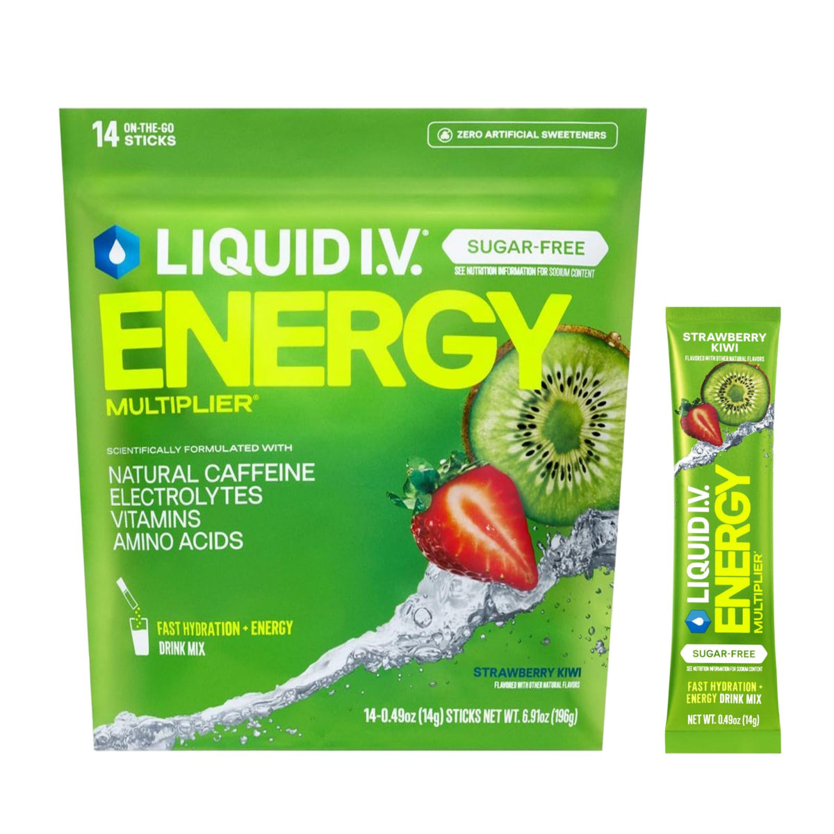 Liquid I.V. Hydration Multiplier Sugar Free Energy strawberry-kiwi packet for on-the-go hydration.