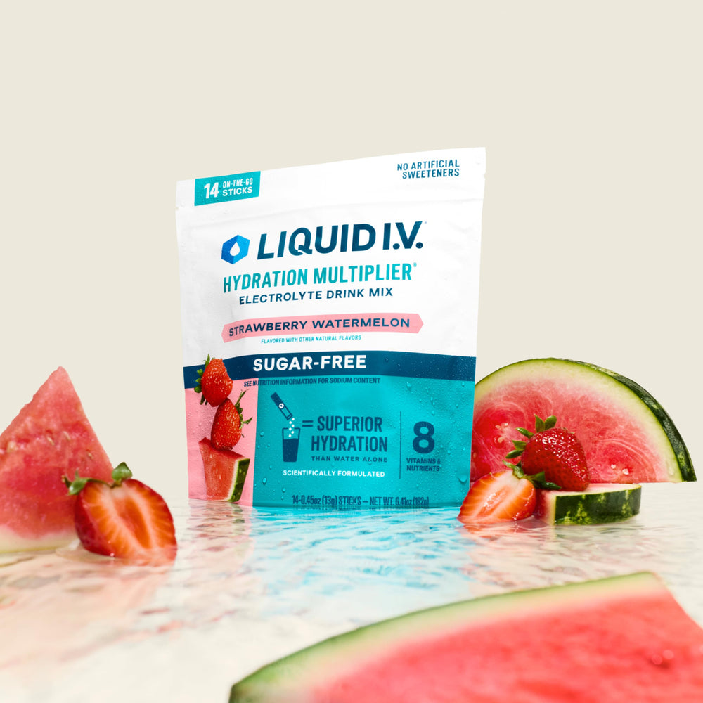 Stirred in water, Liquid I.V. hydration multiplier sugar-free strawberry watermelon