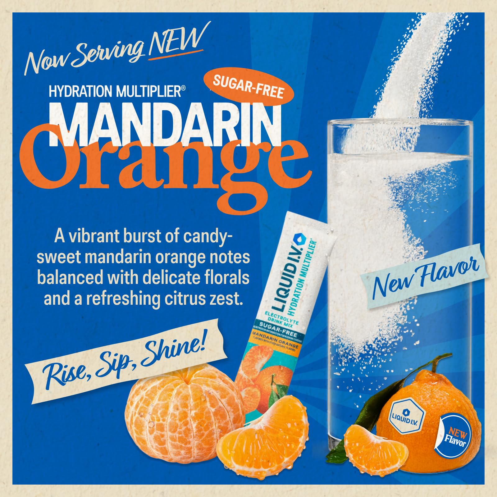 Liquid I.V. Hydration Sugar Free Mandarin Orange powder dissolving in water for refreshing hydration
