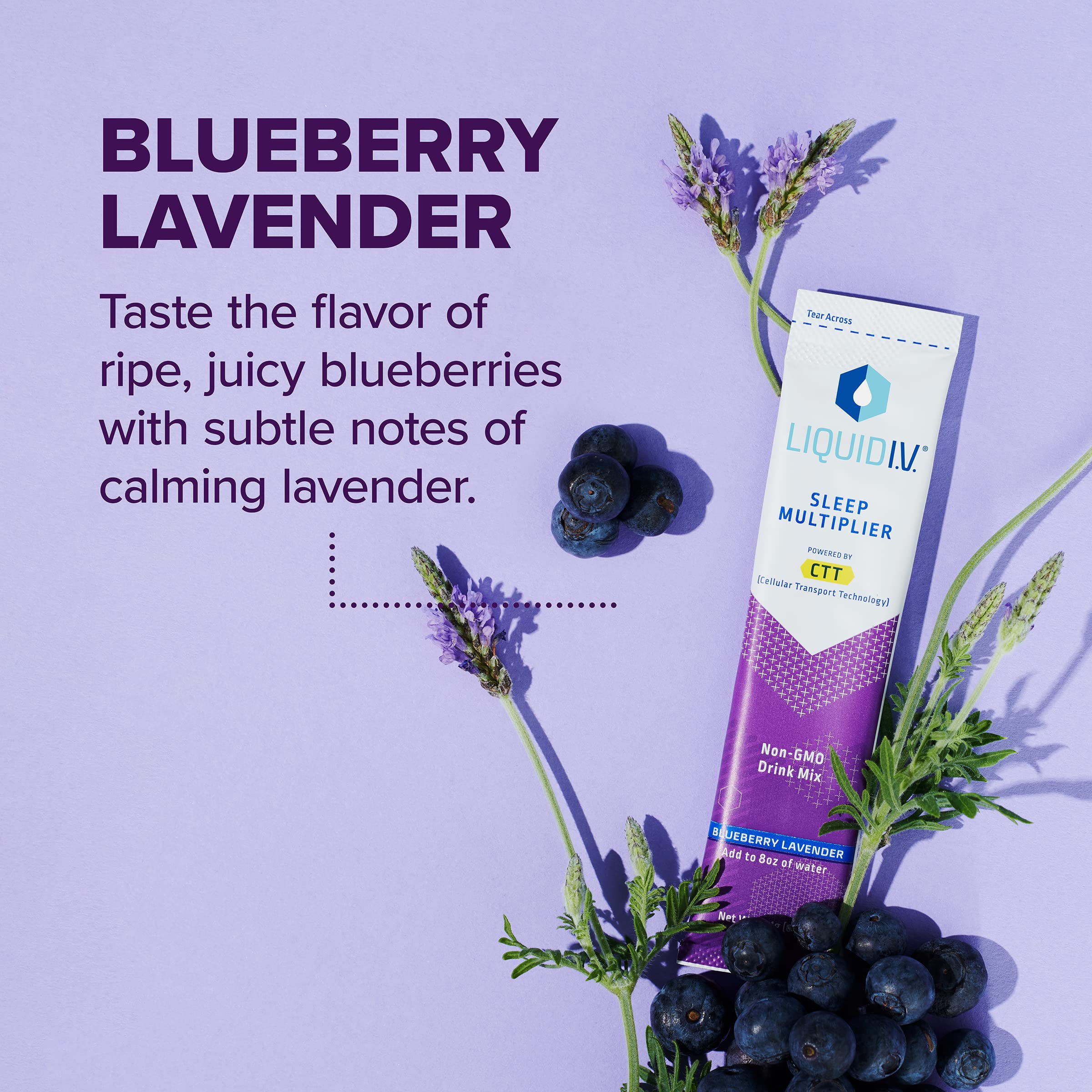 Spoon stirring Liquid I.V. Lavender Blueberry Sleep Drink into water for wind-down