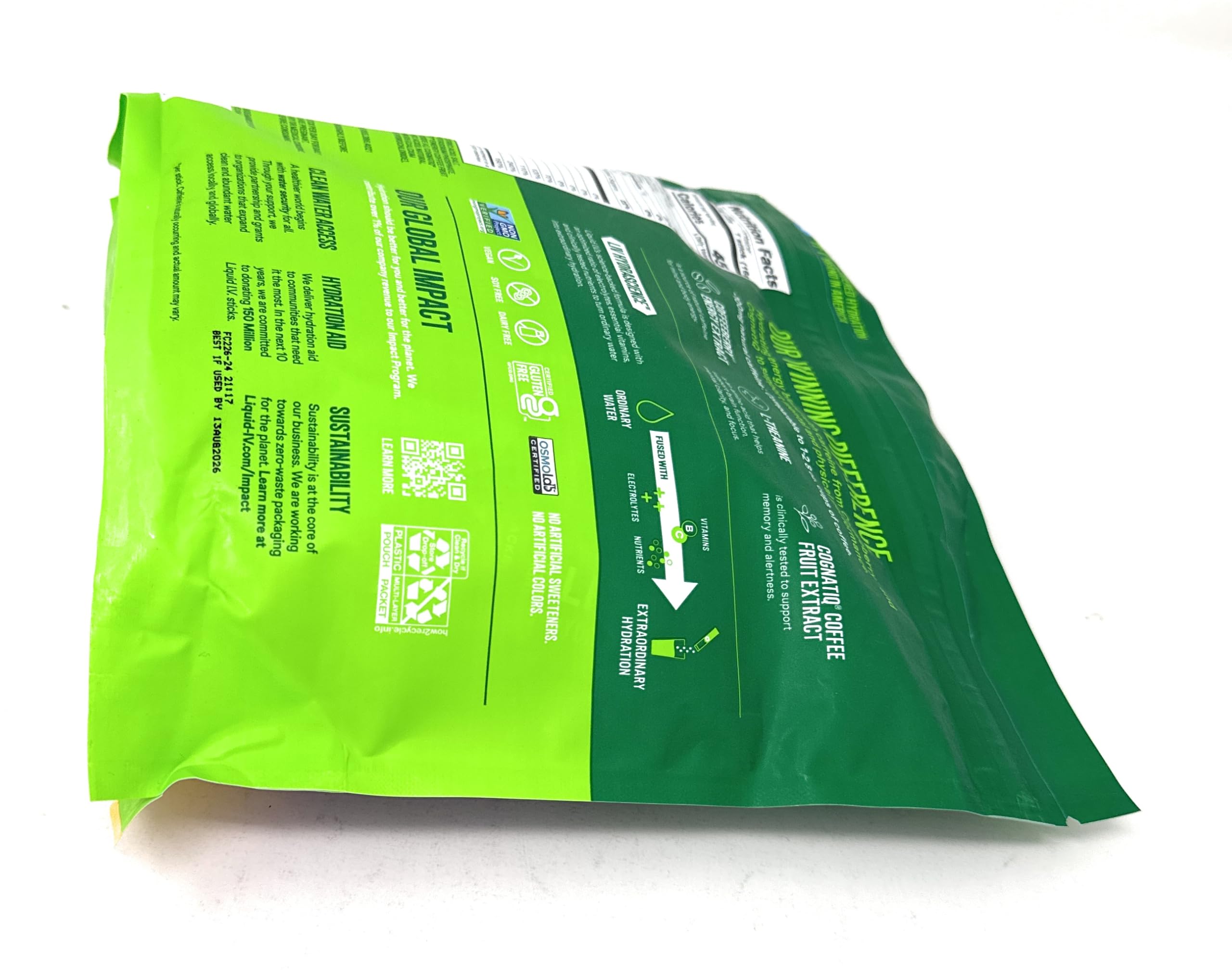 Resealable pouch keeps hydration sticks fresh for on-the-go use.