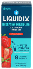 Liquid I.V. Strawberry Hydration Multiplier box front shows label and hydration benefits