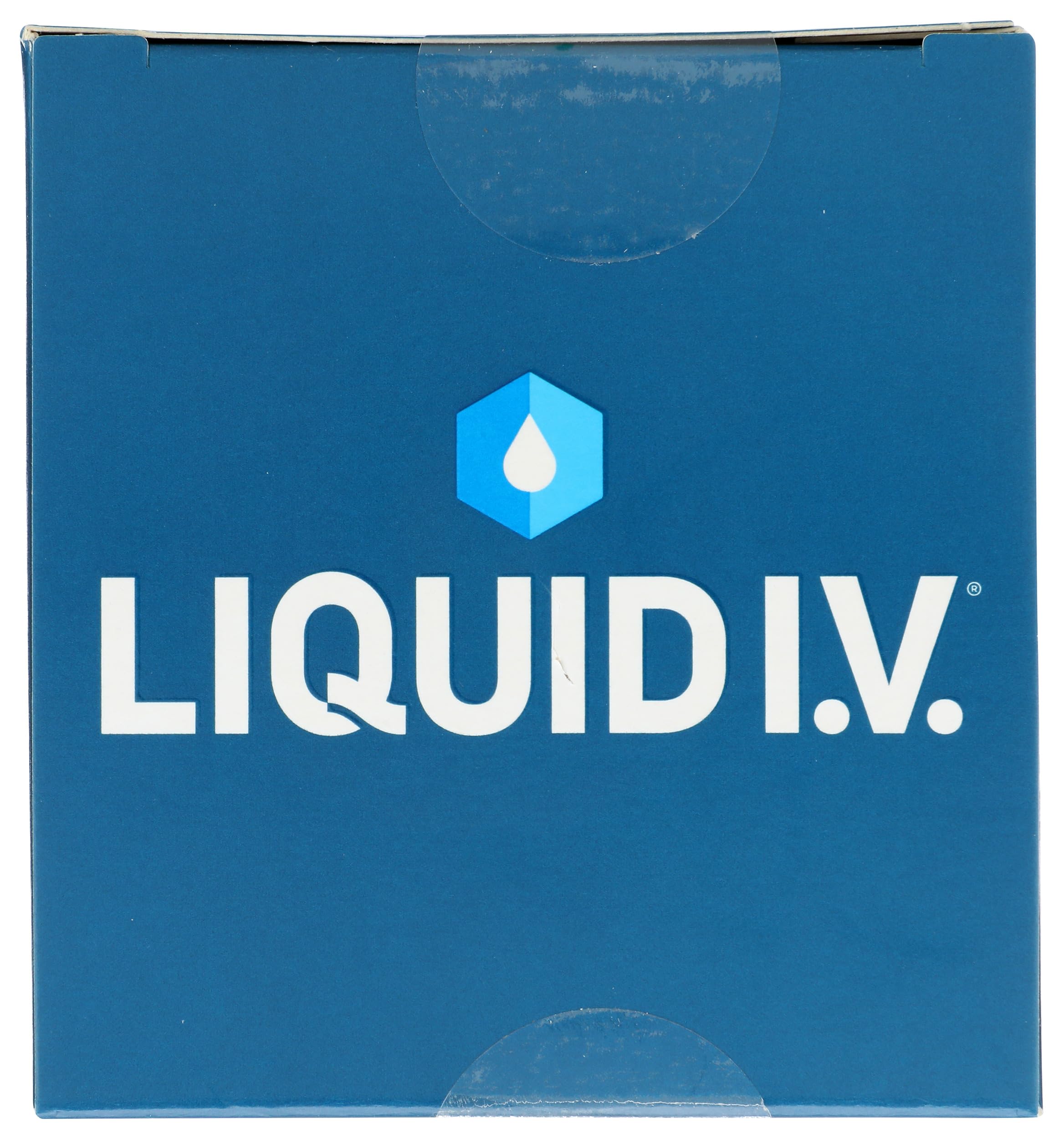 Liquid I.V. Watermelon hydration mix powder dissolving in glass for quick hydration.