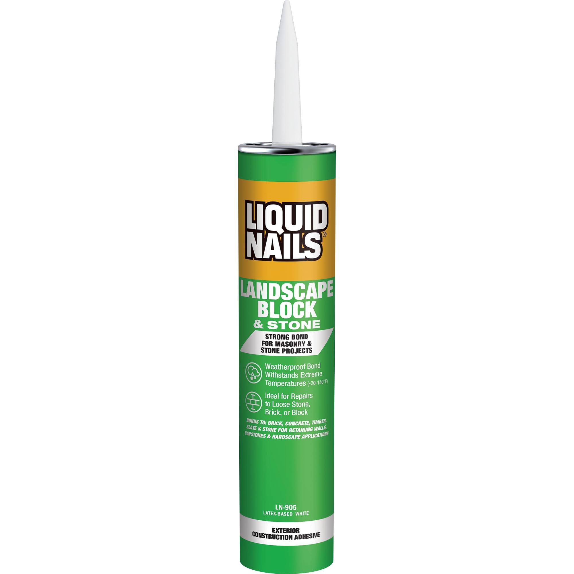 Liquid Nails LN-905 landscape adhesive bottle bonds blocks and stones for sturdy garden walls.