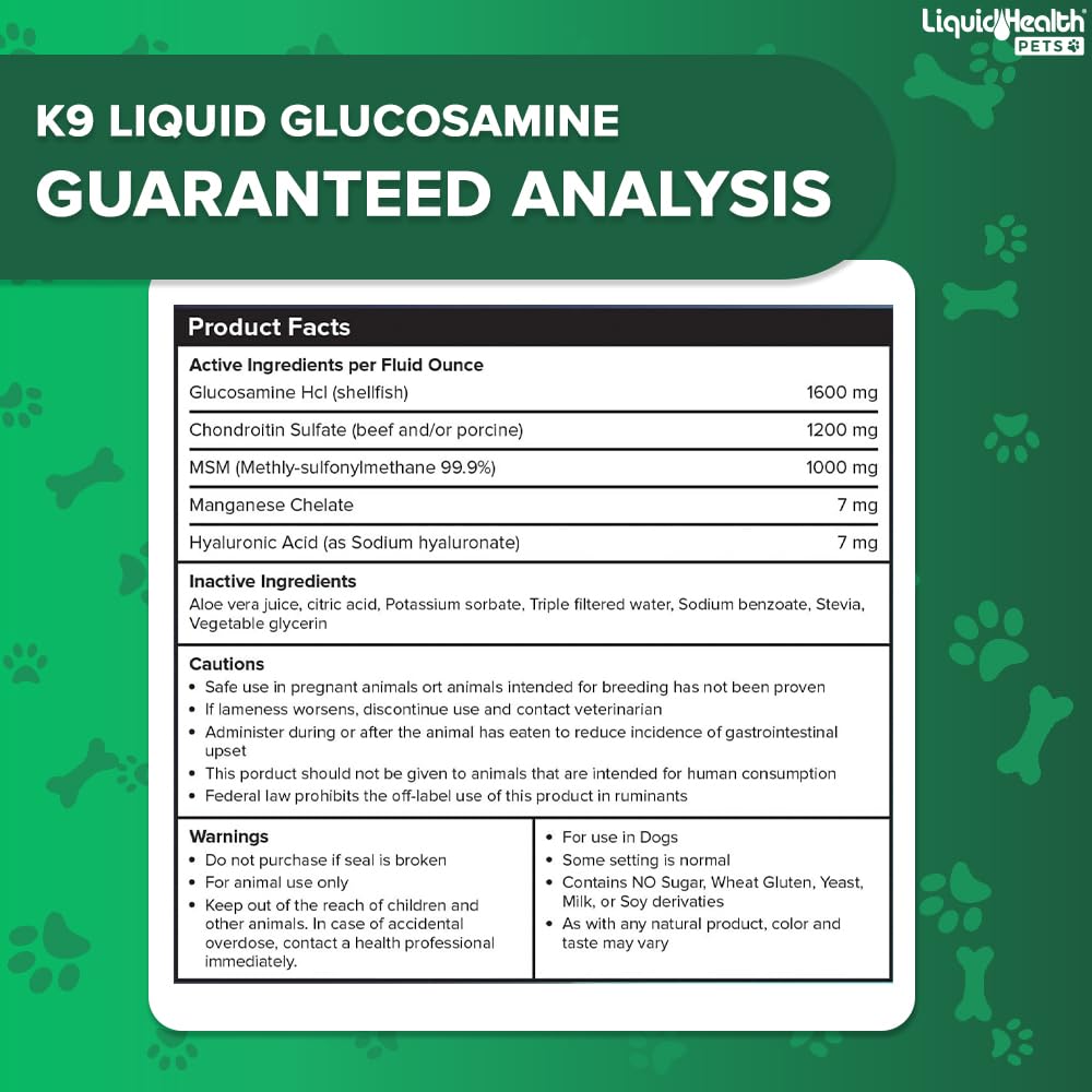 LiquidHealth K9 ingredients closeup featuring Glucosamine and Chondroitin for joints