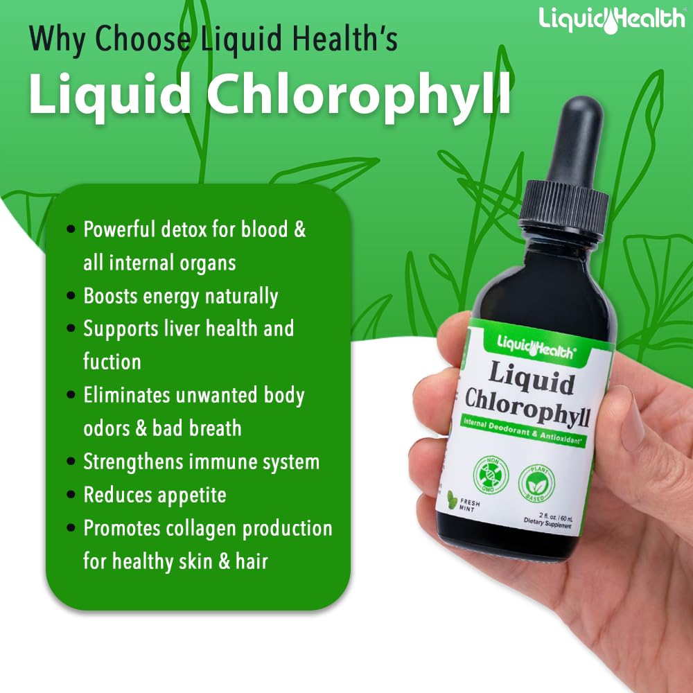 LIQUIDHEALTH Liquid Chlorophyll Drops bottle close-up with mint flavor for refreshing intake.