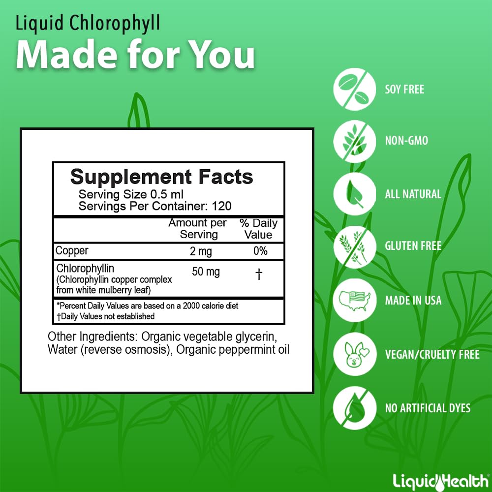 LIQUIDHEALTH Liquid Chlorophyll Drops bottle in fridge shows freshness and readiness.