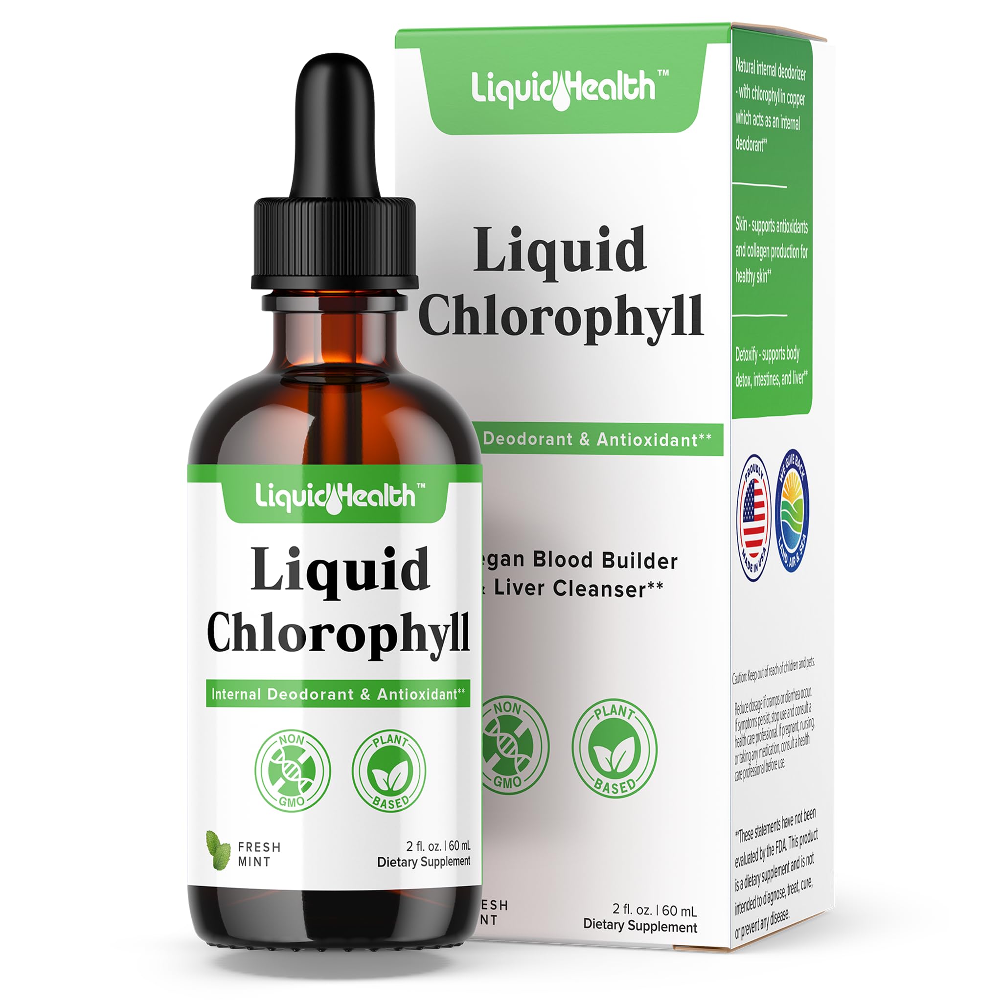 LIQUIDHEALTH Liquid Chlorophyll Drops bottle showing internal deodorizing potential.