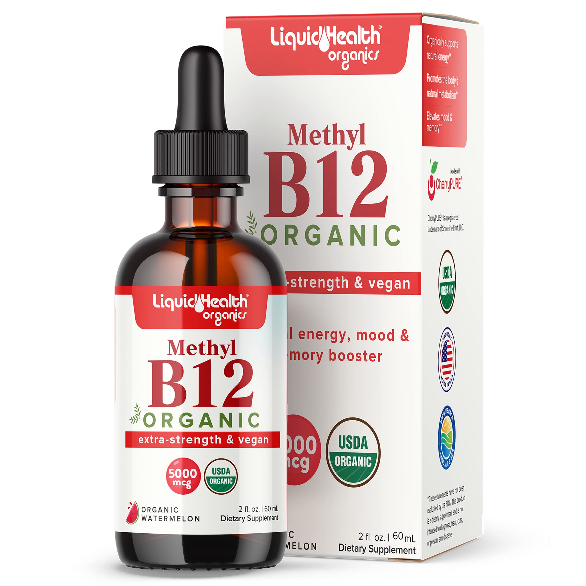 LIQUIDHEALTH methyl B12 drops bottle showing organic energy support