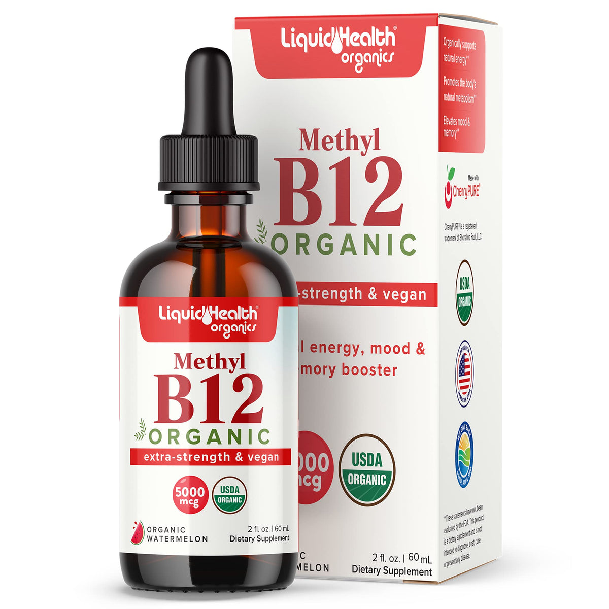 LIQUIDHEALTH methyl B12 drops bottle showing organic energy support