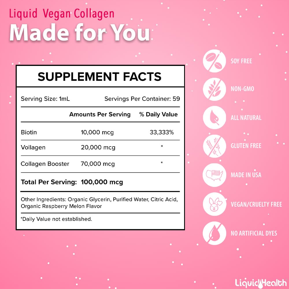 Ingredients panel showing vitamins and biotin in LIQUIDHEALTH drops.