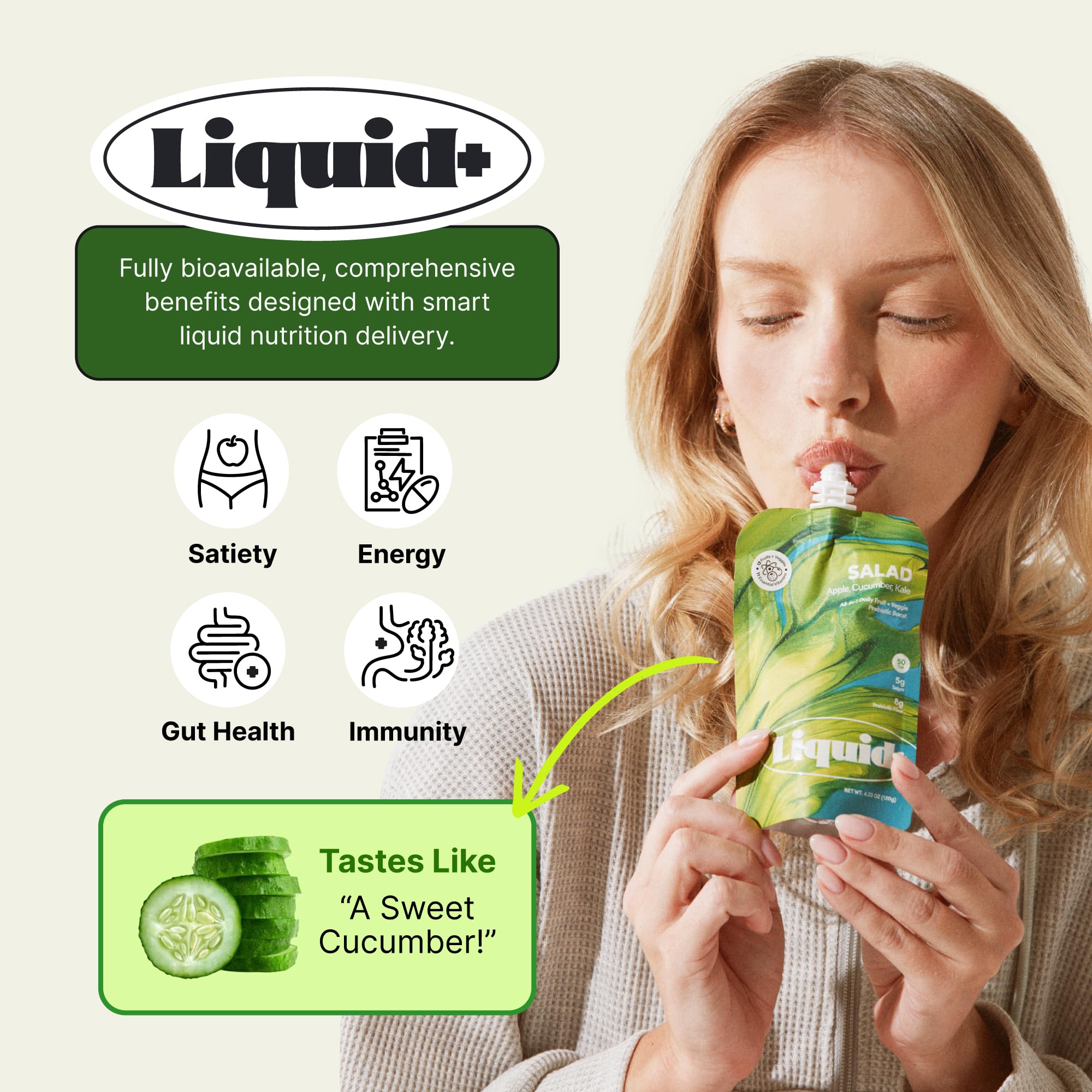 Liquid Plus Liquid Salad nutrition-facts panel lists 15 vitamins and minerals.