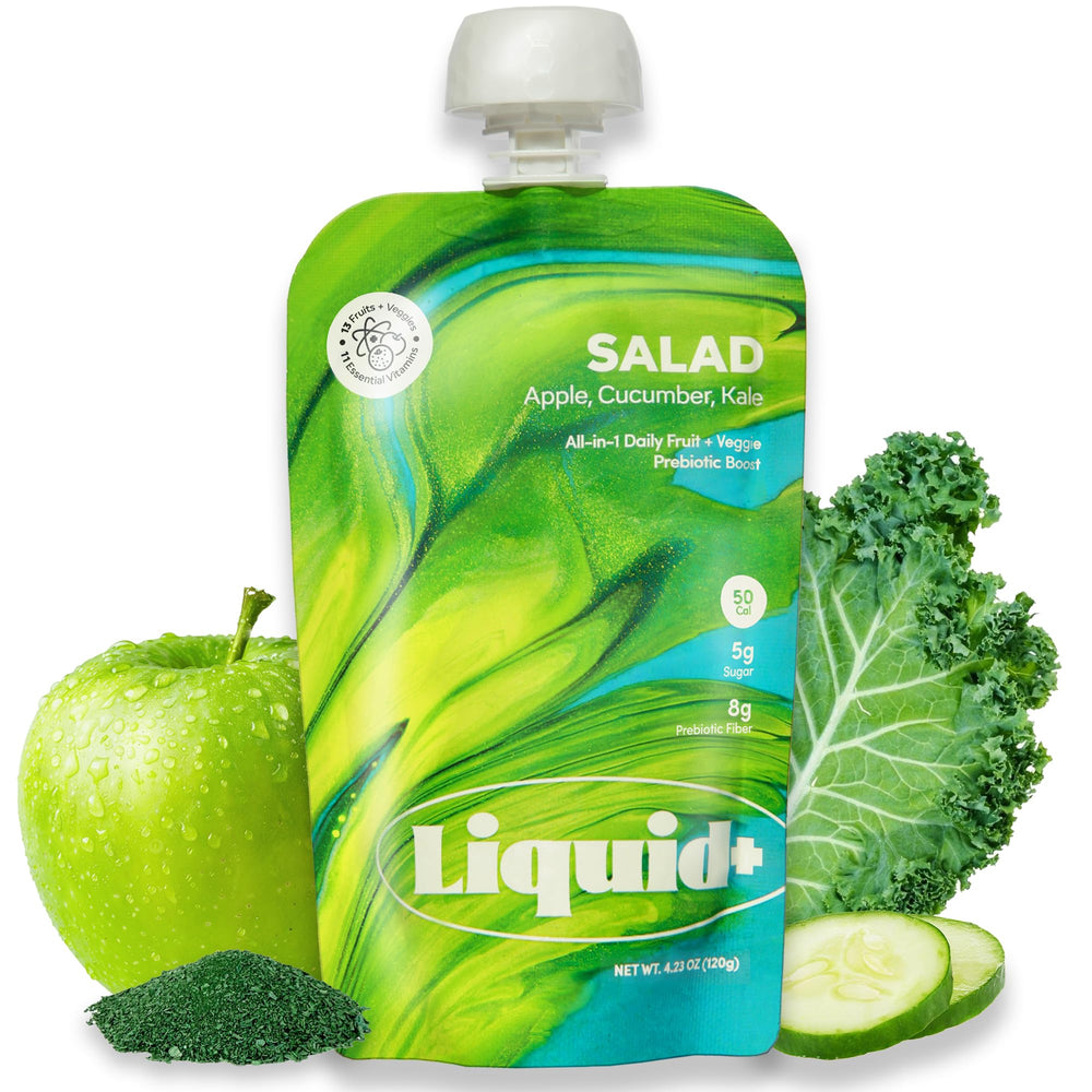 Liquid Plus Liquid Salad pouch packaging showing convenient ready-to-drink greens for on-the-go nutrition.
