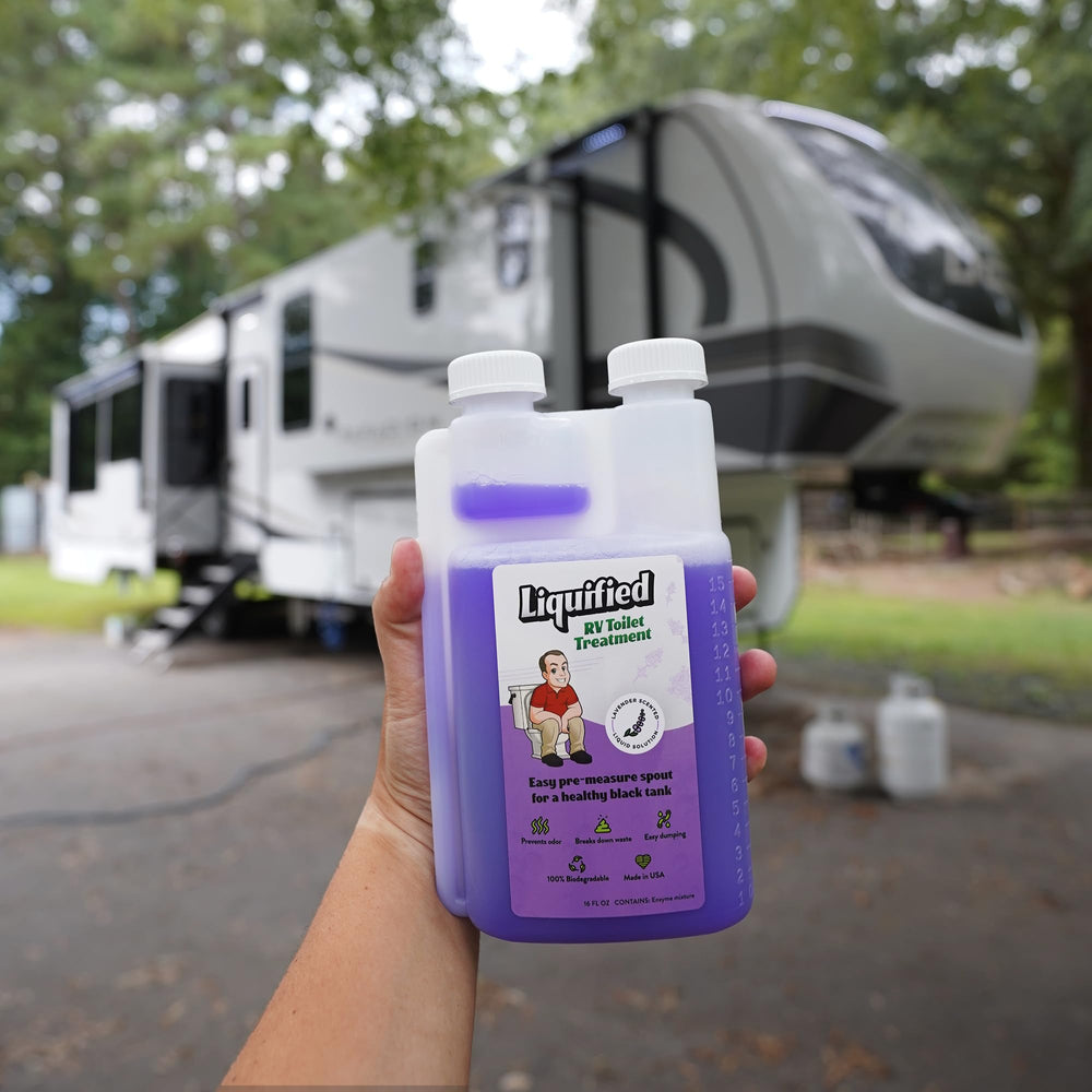 Liquified RV Toilet Treatment lavender scent bottle in RV interior.