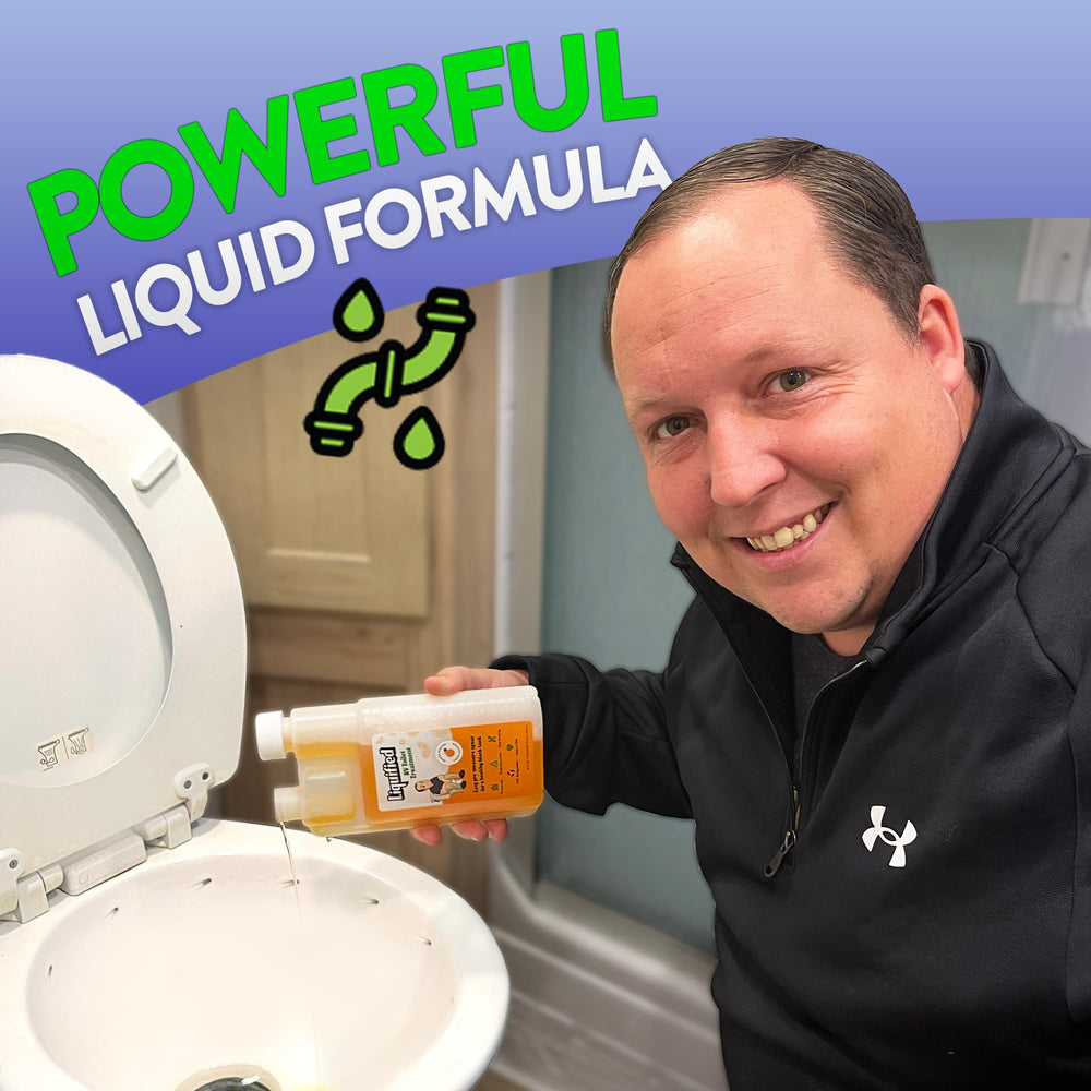 Liquified RV Toilet Treatment bottle labeled USA-made.