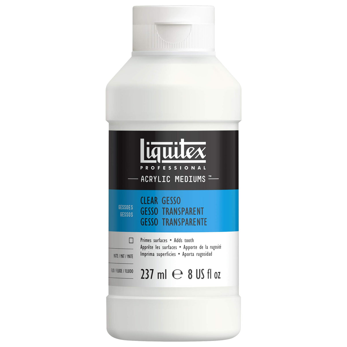 Liquitex Clear Gesso bottle pouring, ready-to-use surface prep for acrylic and oil painting