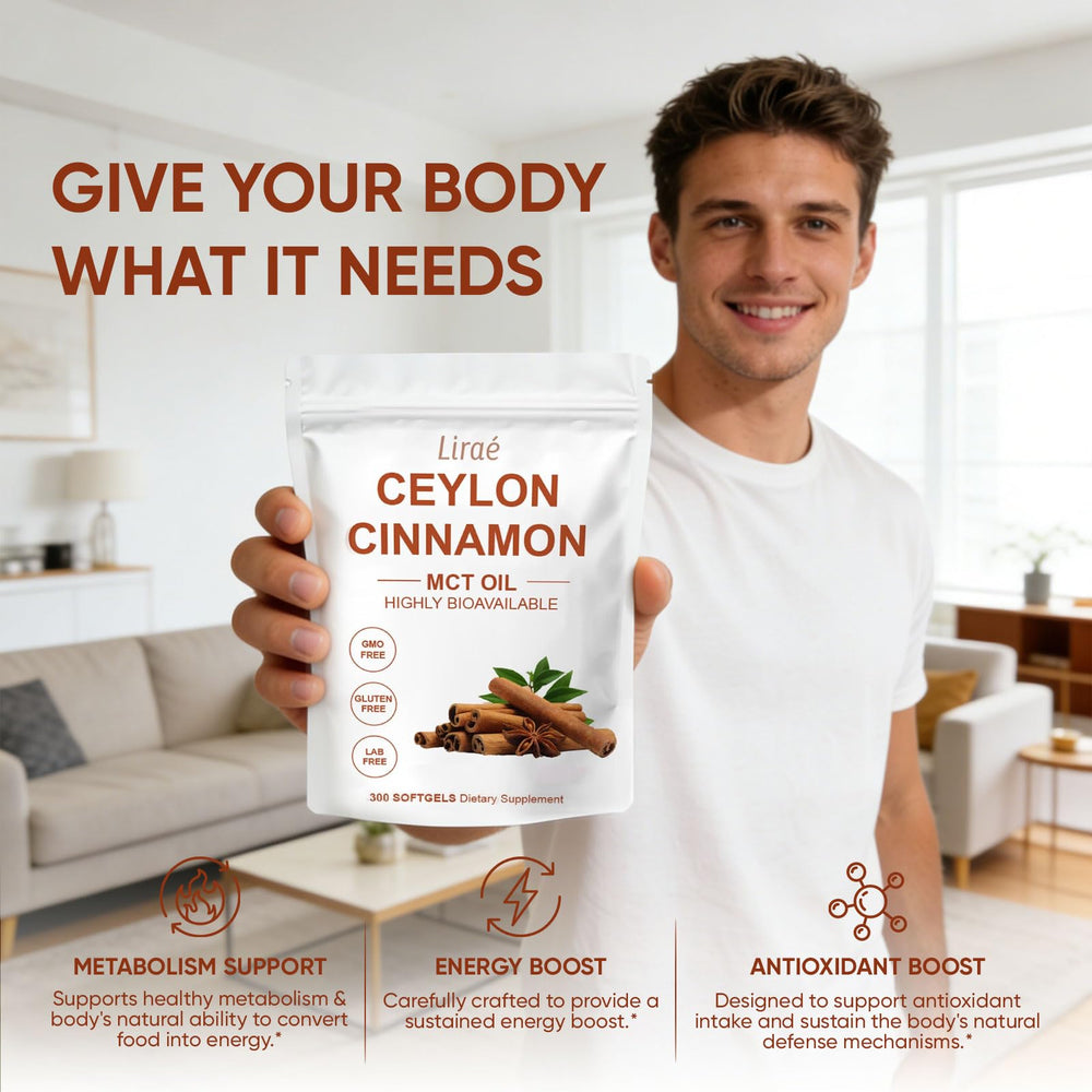 LIRAE Ceylon Cinnamon SoftGels label emphasizes non-GMO and gluten-free attributes.