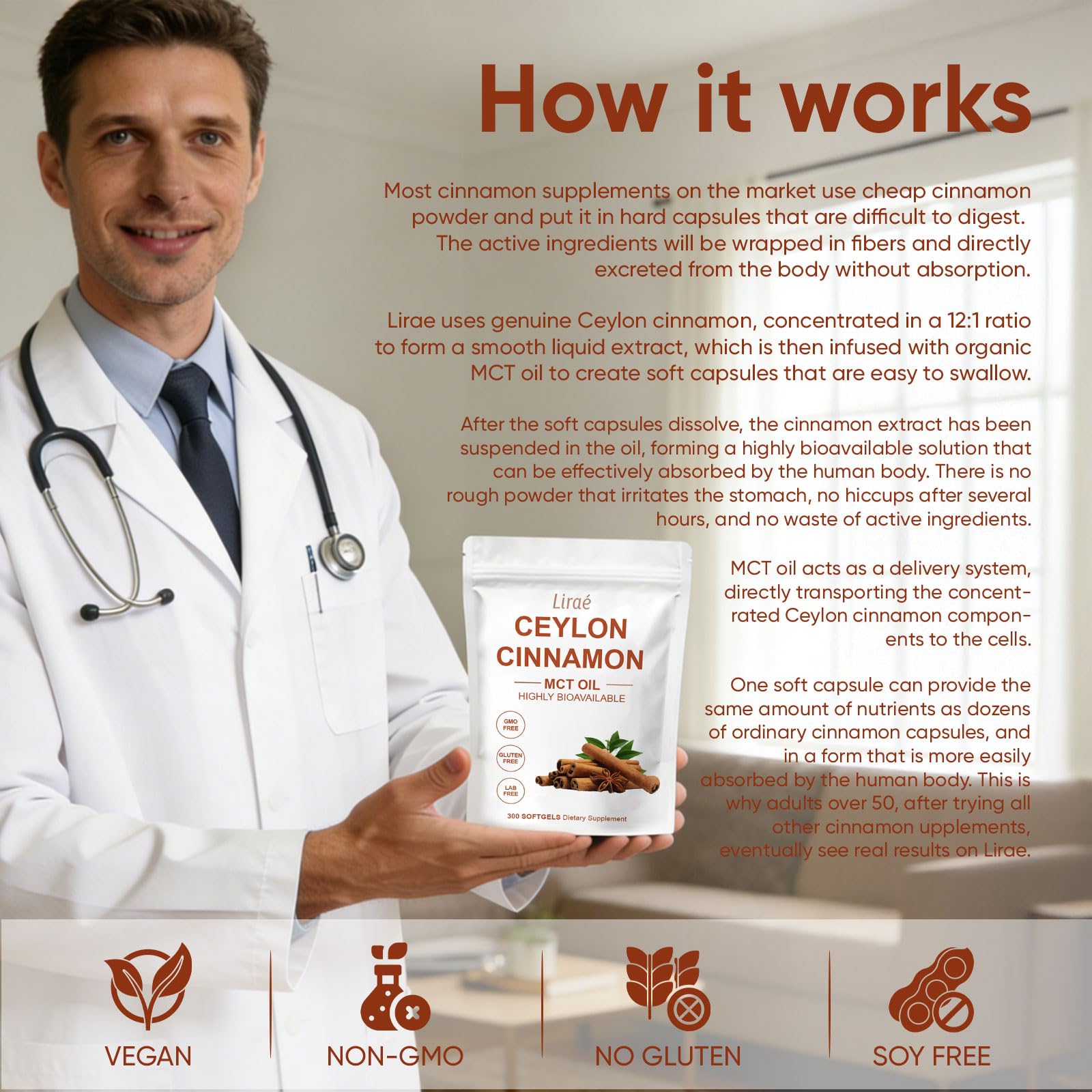 LIRAE Ceylon Cinnamon SoftGels cap detail emphasizes easy swallowing.