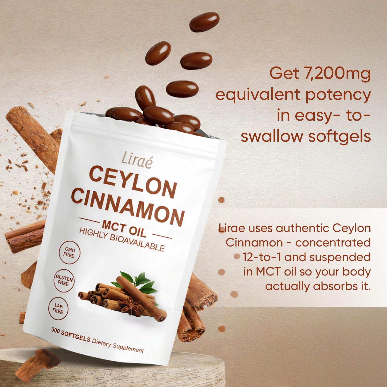 LIRAE Ceylon Cinnamon SoftGels pour view shows easy-to-swallow capsule for daily routines.