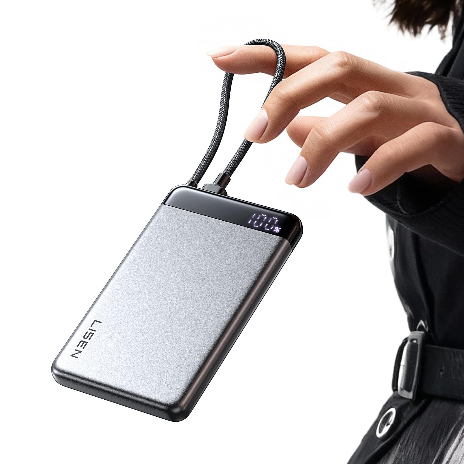 LISEN 10000mAh ultra-slim power bank ready for travel charging.
