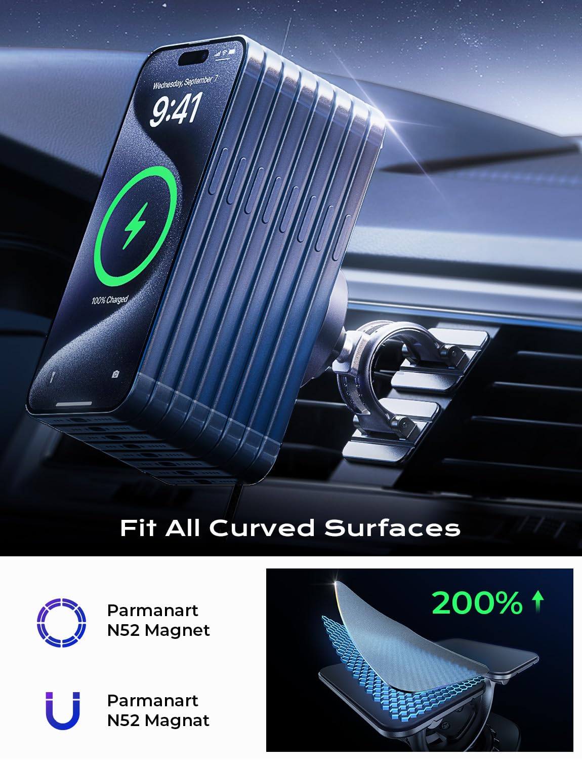 LISEN 4-in-1 installation options with adhesive and vent mount.