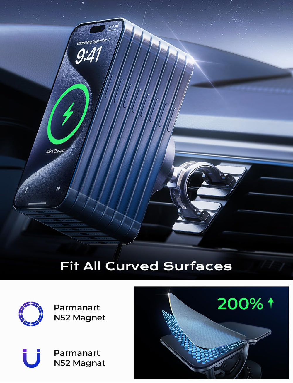 LISEN 4-in-1 installation options with adhesive and vent mount.