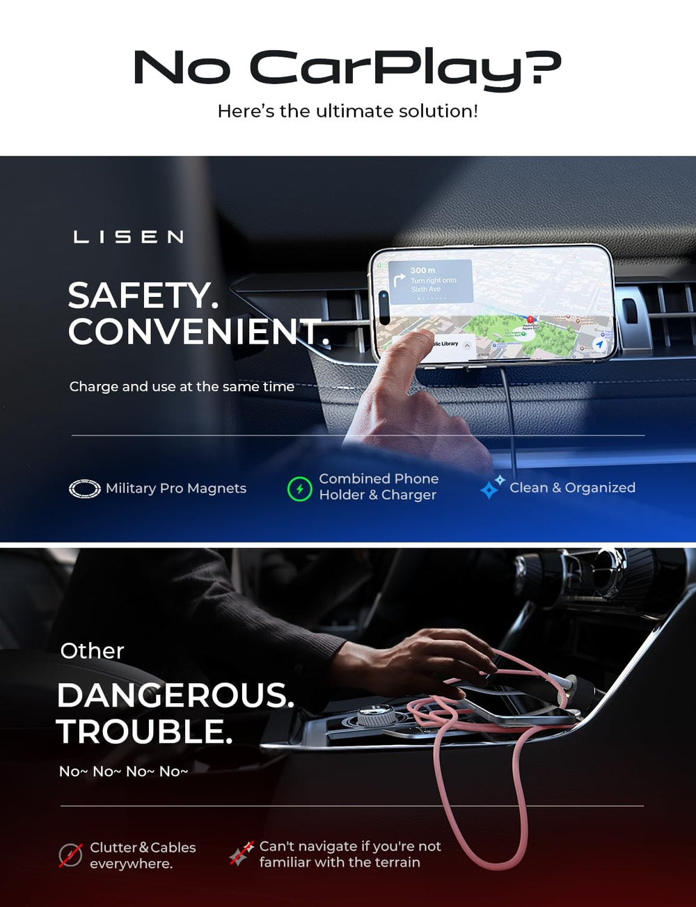 LISEN one-click release mechanism enabling quick phone placement.