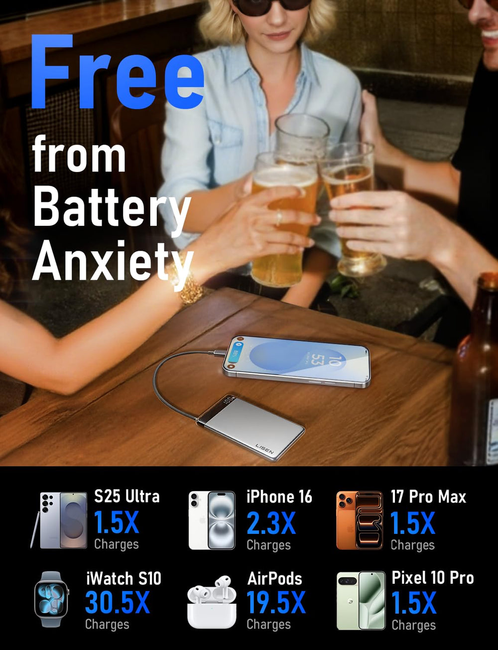 LISEN package includes power bank, USB-C cable, and manual.