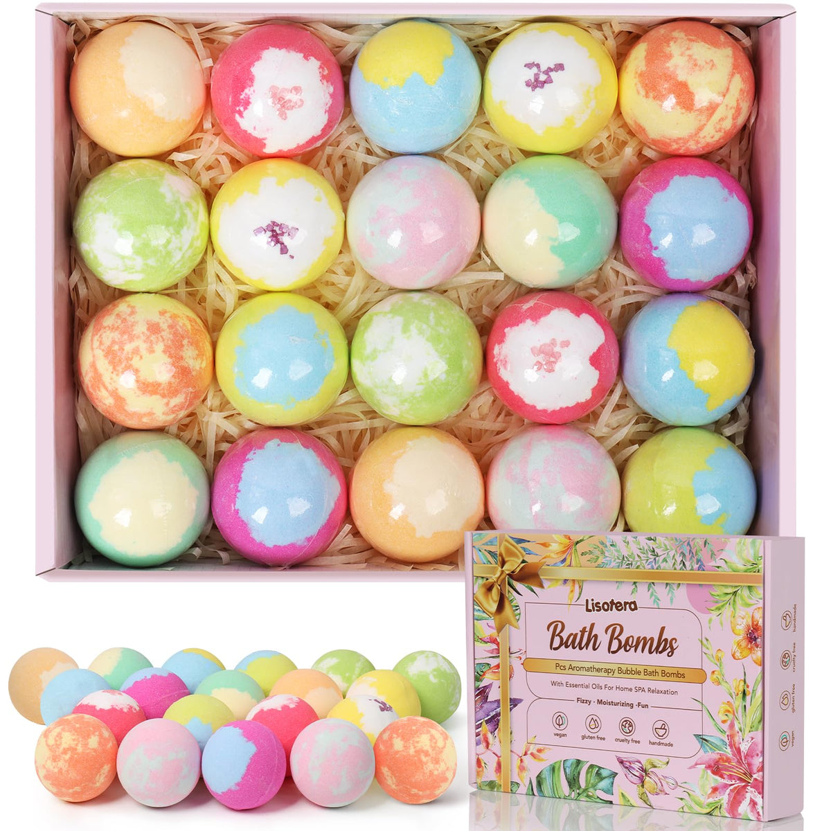 Lisotera bath bomb gift set packaging with floral design