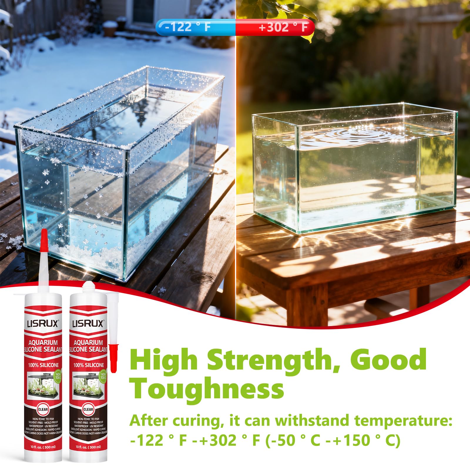 LISRUX elastic silicone prevents cracking in dynamic temperature aquarium environments.
